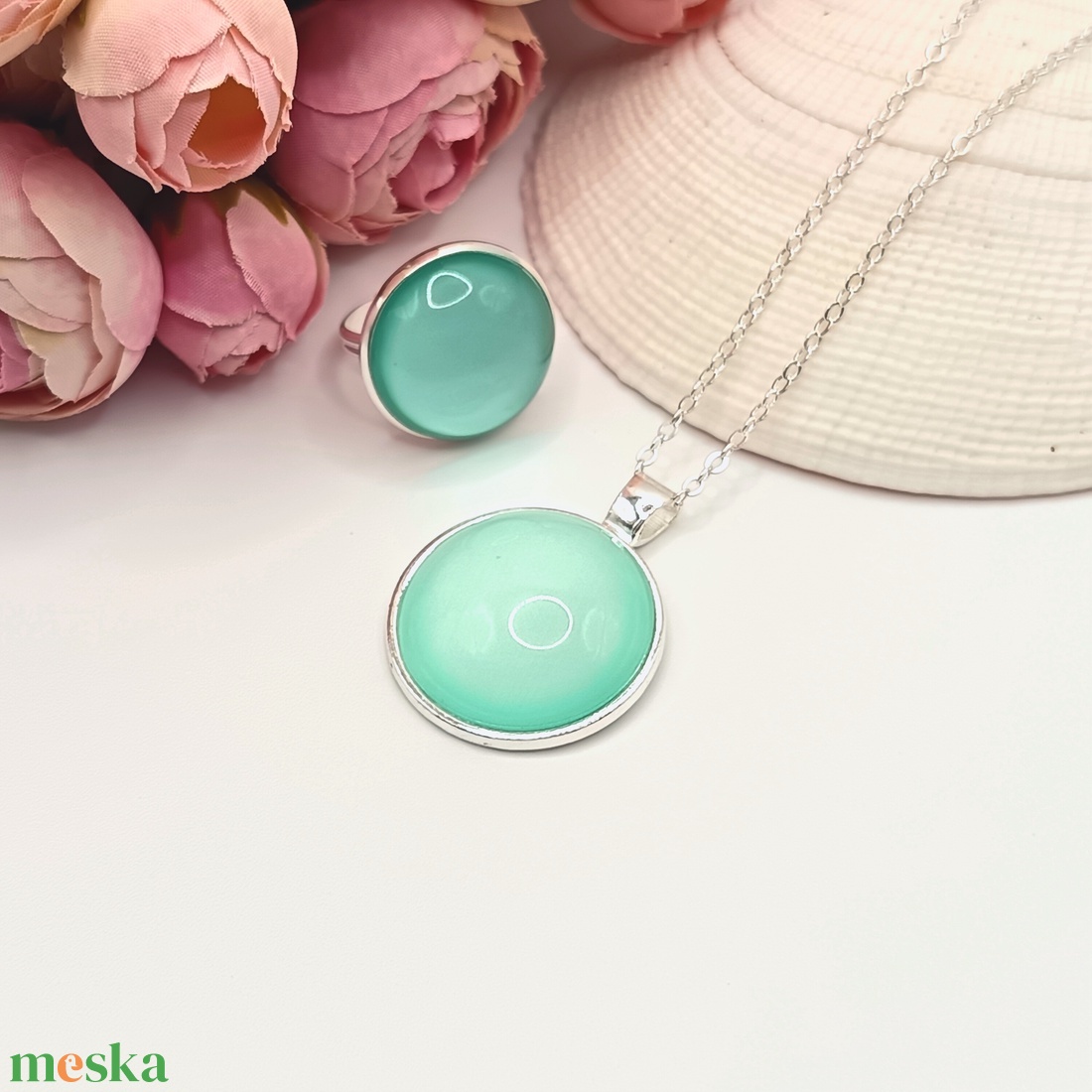 Ezüst ékszerszett � mentazöld üveg lencsével - ékszer - ékszerszett - Meska.hu