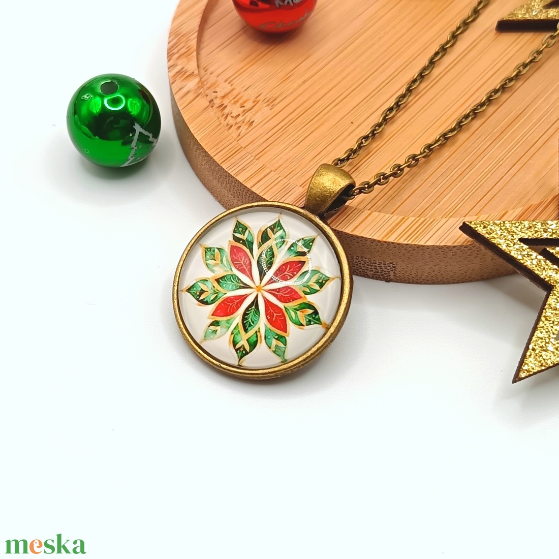 Antik bronz nyaklánc � piros/fehér/zöld mandala mintás lencsével - ékszer - nyaklánc - medálos nyaklánc - Meska.hu