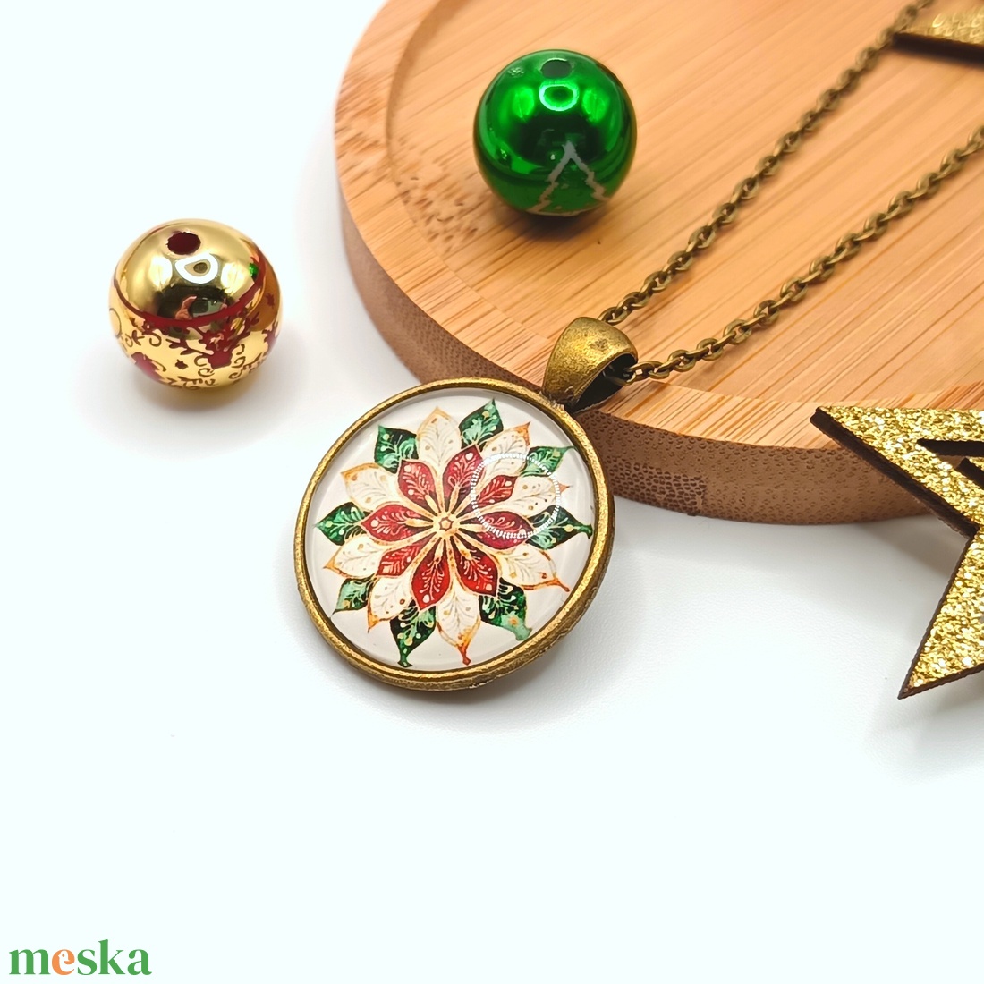 Antik bronz nyaklánc � piros/arany/zöld mandala mintás lencsével - ékszer - nyaklánc - medálos nyaklánc - Meska.hu
