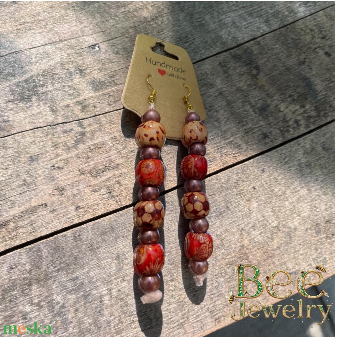 Boho Ritmus � Hosszú fűzött fülbevaló mintás fagöngyökkel - ékszer - fülbevaló - lógó fülbevaló - Meska.hu