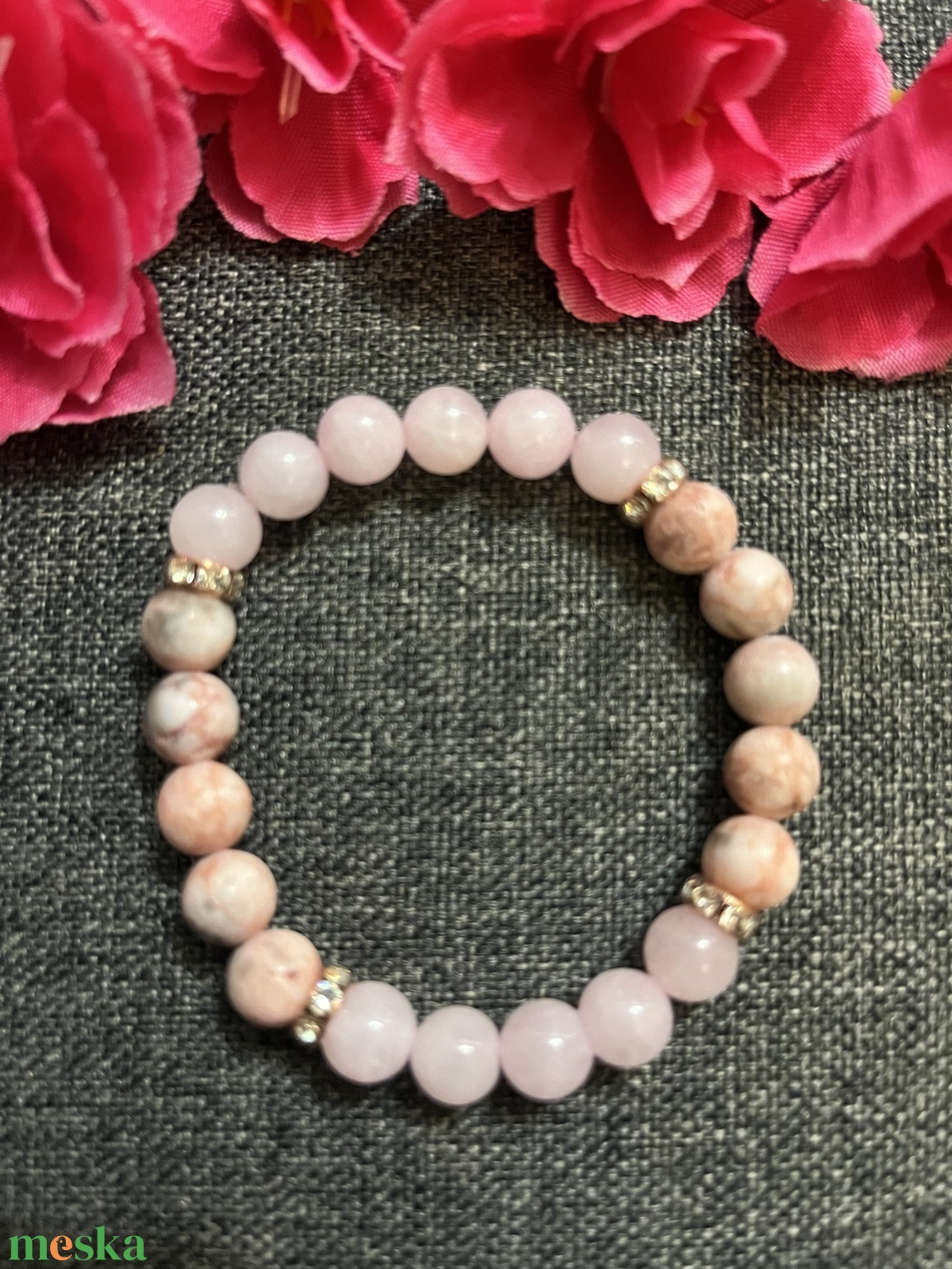 Rózsakvarc és zebra jáspis karkötő - ékszer - karkötő - gyöngyös karkötő - Meska.hu
