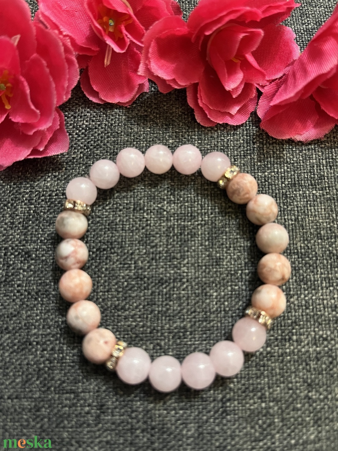 Rózsakvarc és zebra jáspis karkötő - ékszer - karkötő - gyöngyös karkötő - Meska.hu