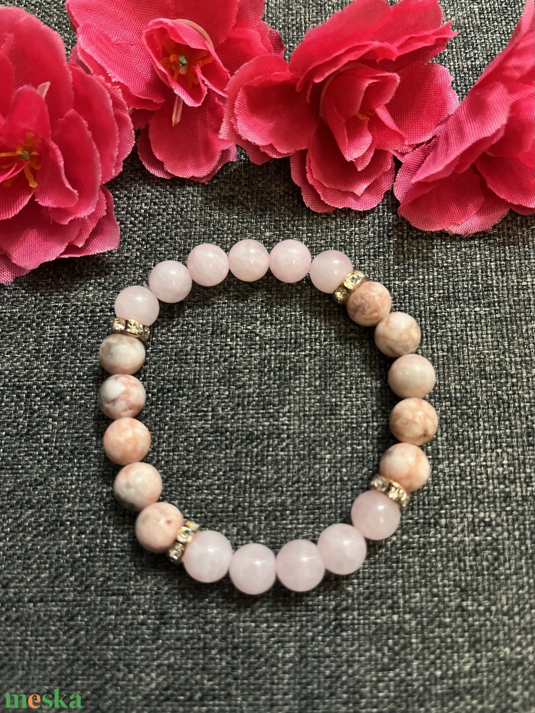 Rózsakvarc és zebra jáspis karkötő - ékszer - karkötő - gyöngyös karkötő - Meska.hu