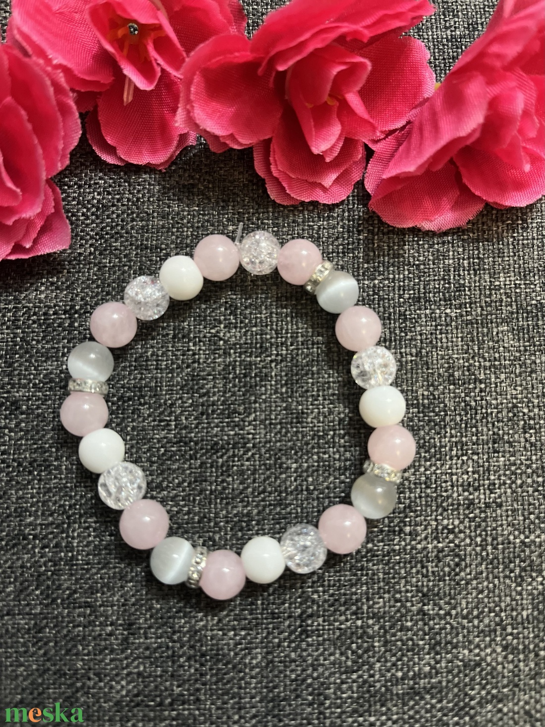 Ásványkarkötő rózsakvarc hegyikristály jade szelenit - ékszer - karkötő - ásványkarkötő - Meska.hu