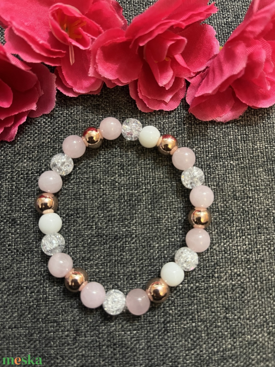 Ásványkarkötő rózsakvarc hegyikristály jade  - ékszer - karkötő - ásványkarkötő - Meska.hu