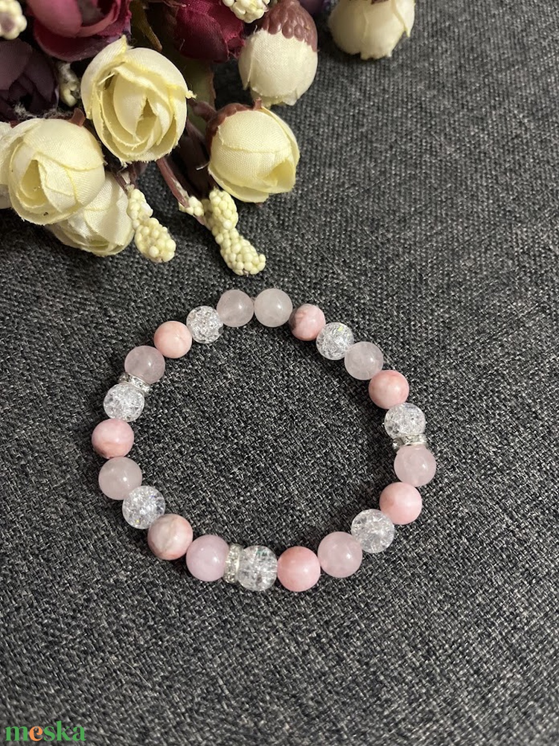 Ásványkarkötő rózsakvarc hegyikristály zebra jáspis - ékszer - karkötő - ásványkarkötő - Meska.hu