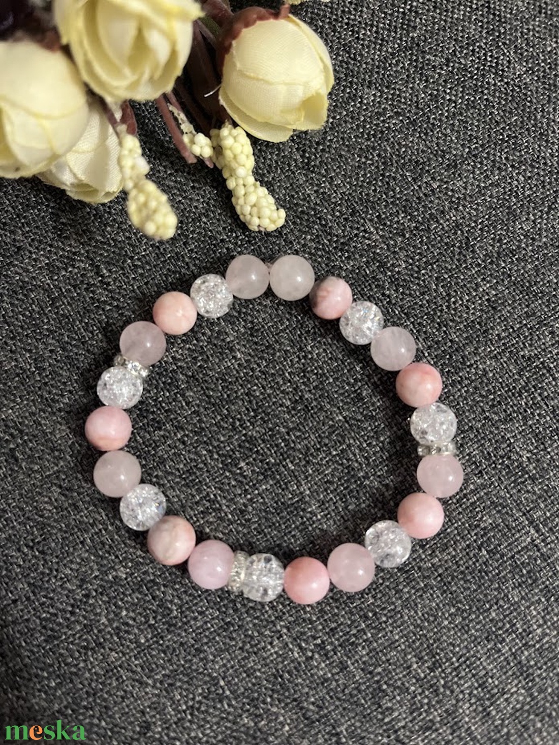 Ásványkarkötő rózsakvarc hegyikristály zebra jáspis - ékszer - karkötő - ásványkarkötő - Meska.hu