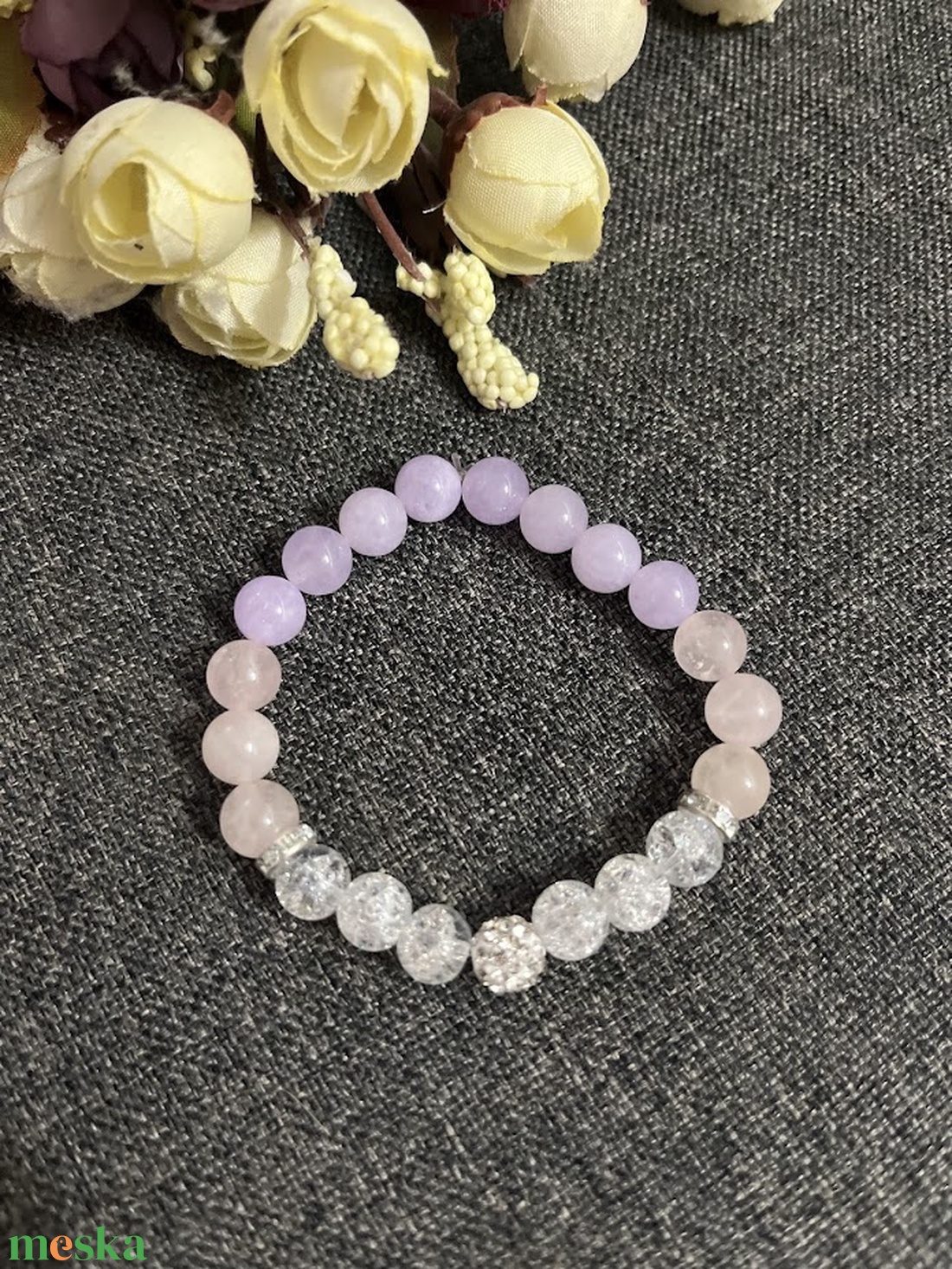 Ásványkarkötő rózsakvarc hegyikristály angelit - ékszer - karkötő - ásványkarkötő - Meska.hu