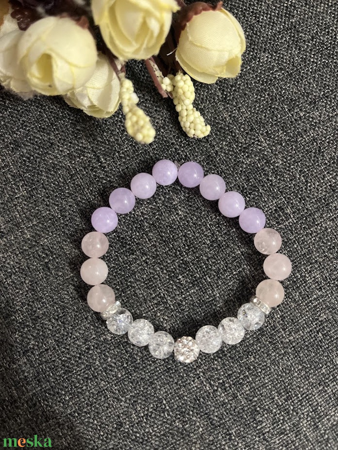 Ásványkarkötő rózsakvarc hegyikristály angelit - ékszer - karkötő - ásványkarkötő - Meska.hu