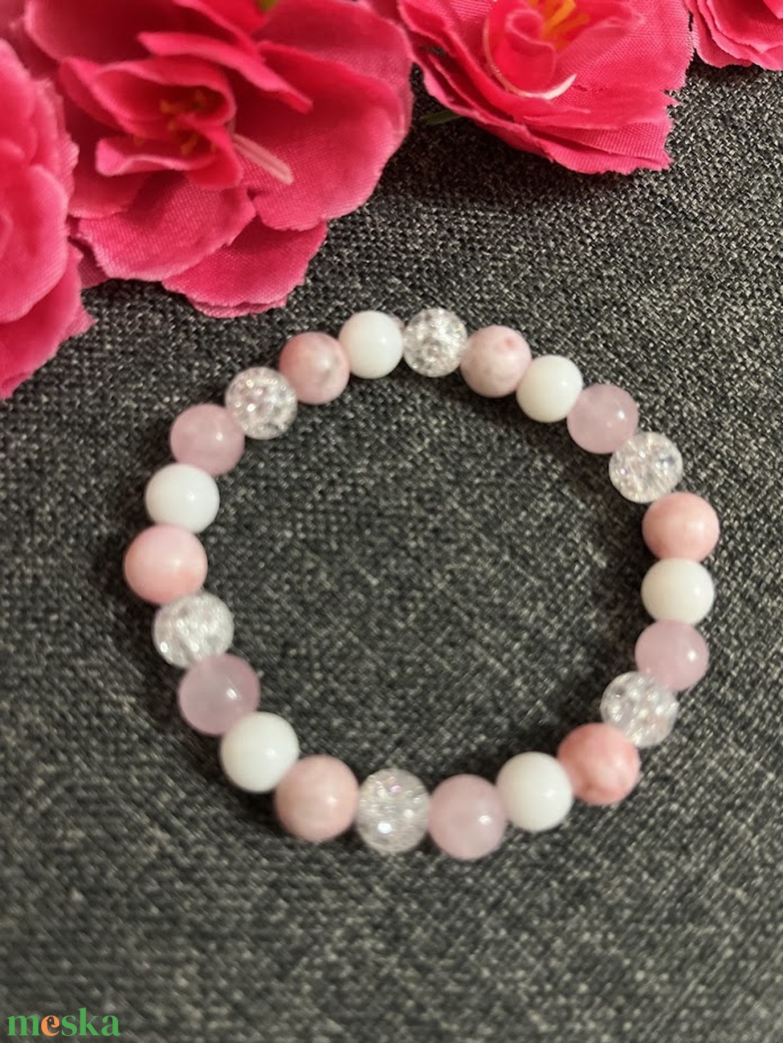 Ásványkarkötő rózsakvarc, hegyikristály, jade, zebra jáspis - ékszer - karkötő - ásványkarkötő - Meska.hu