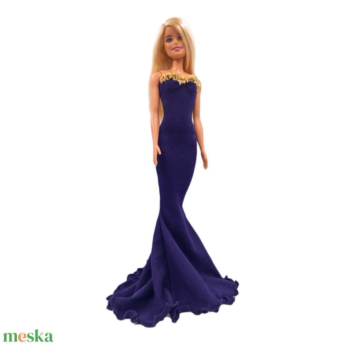 Extra hosszú fodros sellő fazonú estélyi ruha, sötétkék - ruha barbie típusú babákhoz (a020sk) - játék & sport - baba & babaház - barbie ruhák - Meska.hu