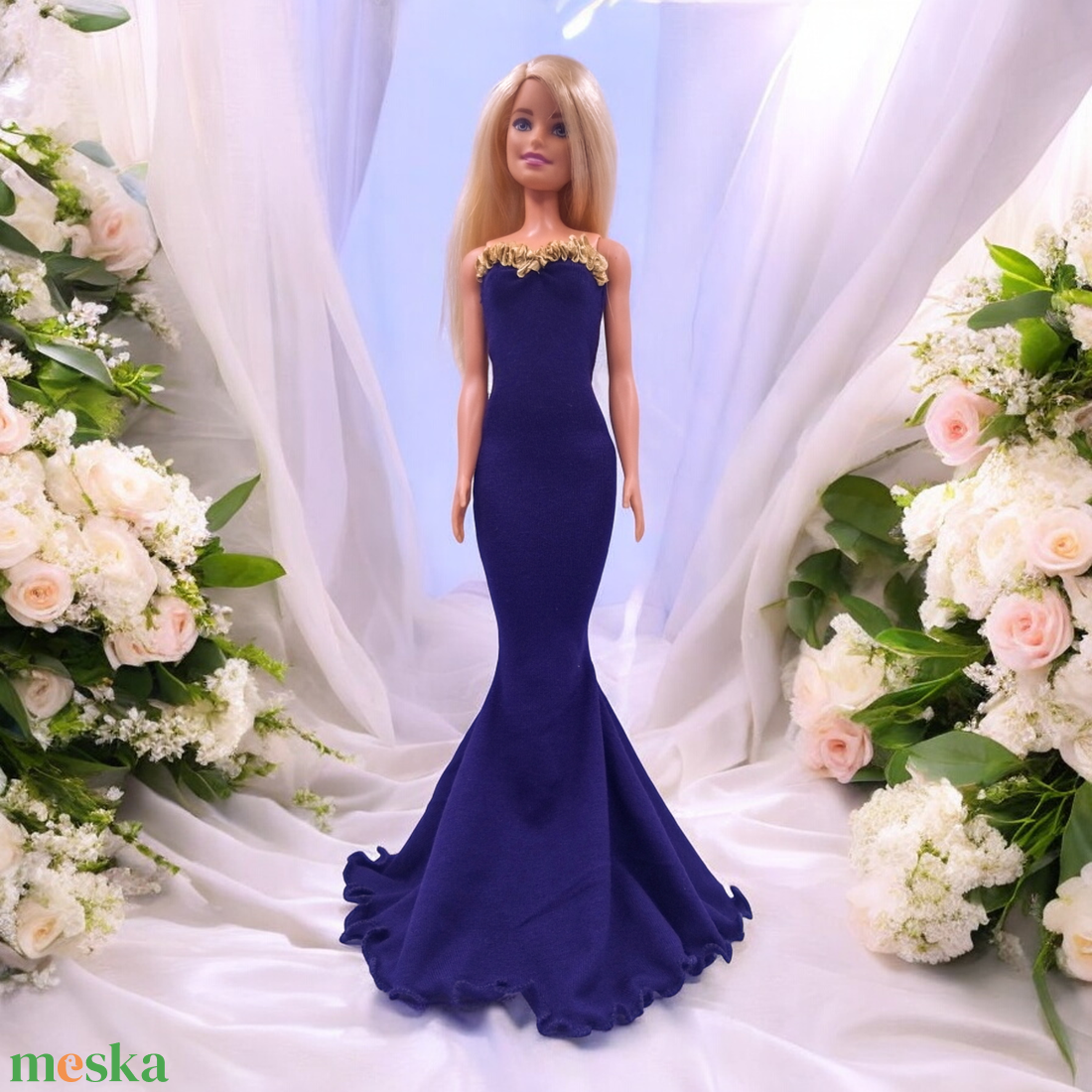 Extra hosszú fodros sellő fazonú estélyi ruha, sötétkék - ruha barbie típusú babákhoz (a020sk) - játék & sport - baba & babaház - barbie ruhák - Meska.hu