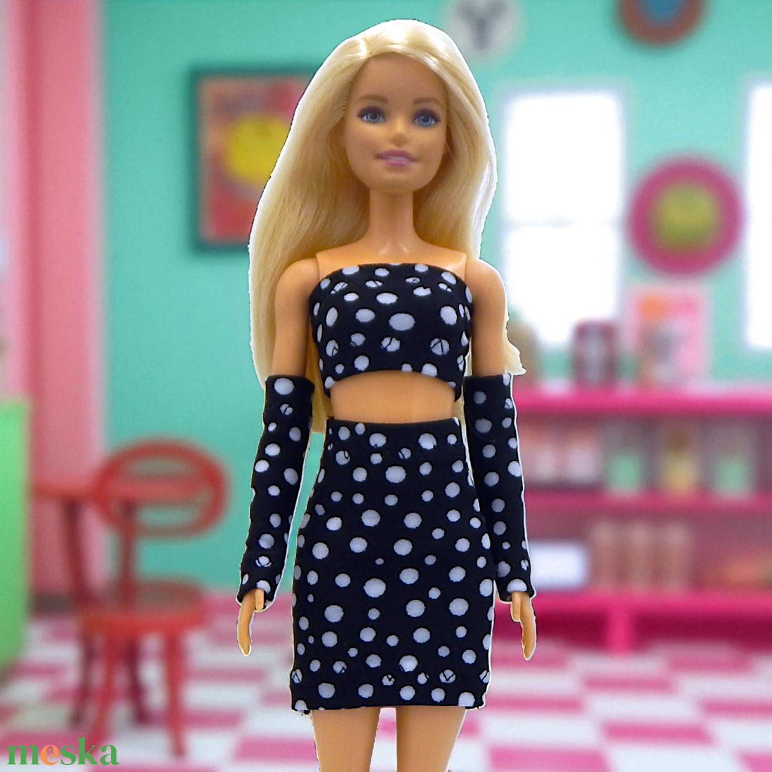 Pöttyös barbie ruha szett, szoknya és fölső  kesztyűkkel - ruha barbie típusú babákhoz  (a077pt) - játék & sport - baba & babaház - barbie ruhák - Meska.hu