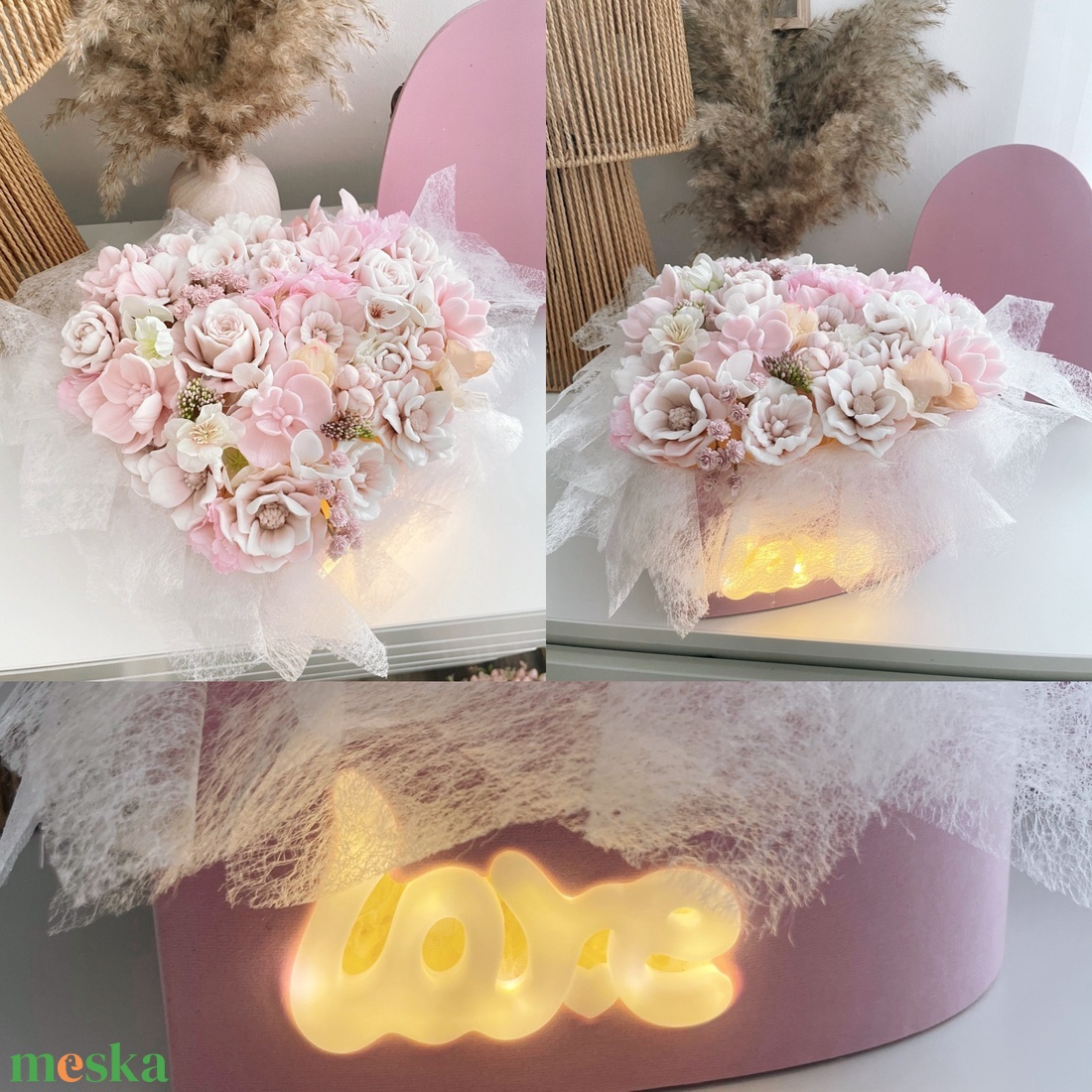 Szappanvirág szív box ledes love felirattal - otthon & életmód - dekoráció - virágdekoráció - virágok - virágbox - Meska.hu