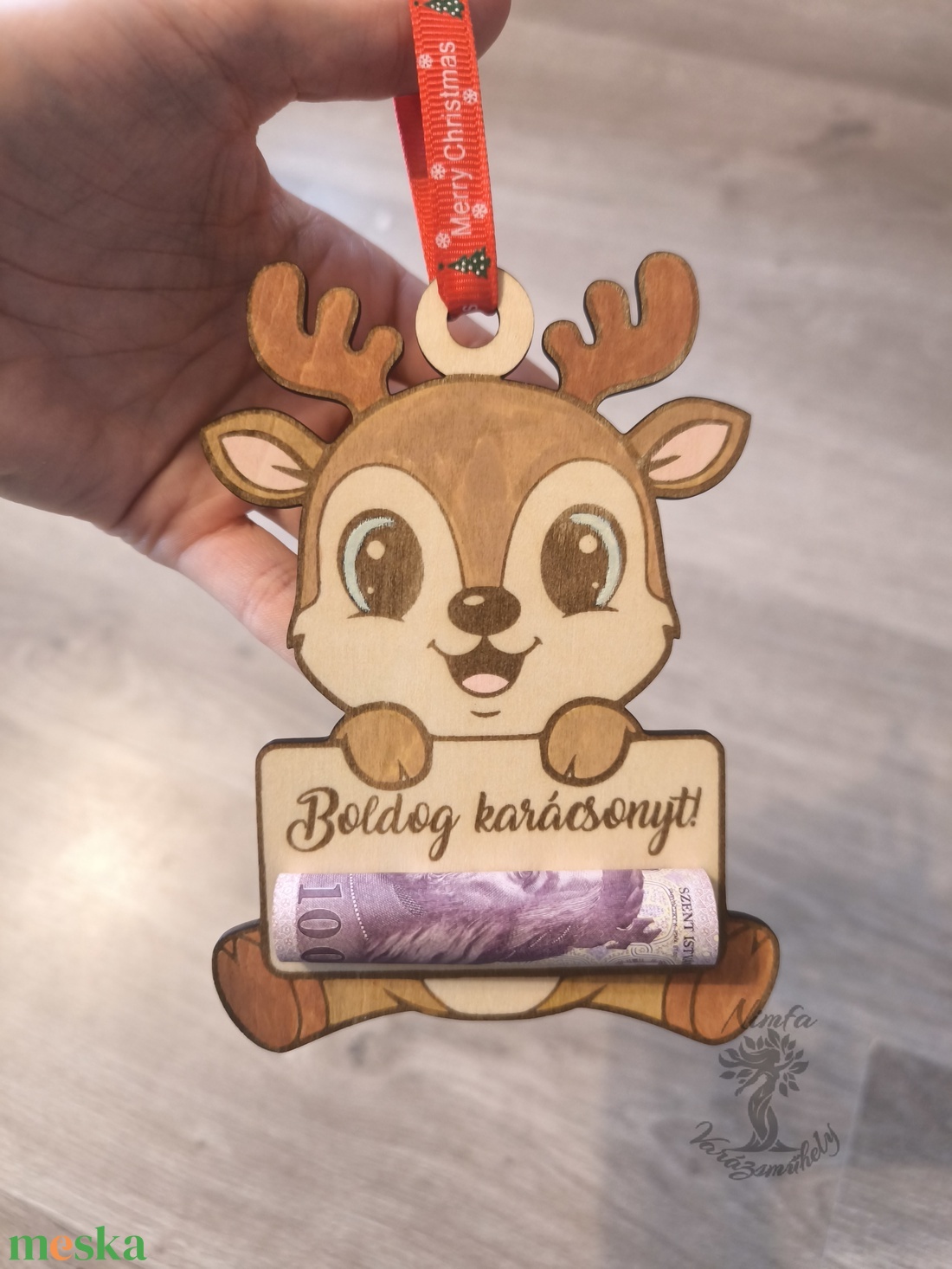 Karácsonyi pénzátadó, rénszarvasos karácsonyfadísz - karácsony - karácsonyi ajándékozás - karácsonyi képeslap, üdvözlőlap, ajándékkísérő - Meska.hu