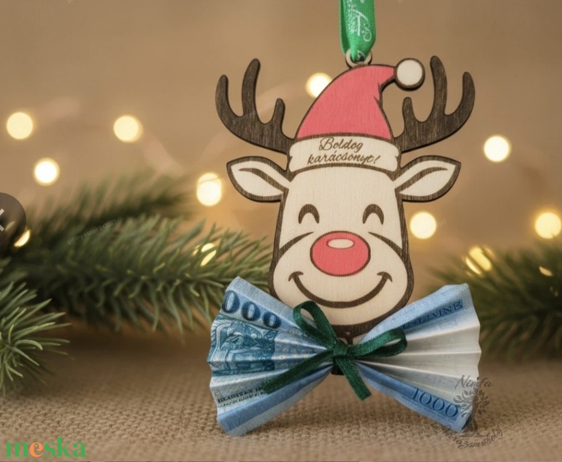Karácsonyi pénzátadó, rénszarvasos karácsonyfadísz - karácsony - karácsonyi ajándékozás - karácsonyi képeslap, üdvözlőlap, ajándékkísérő - Meska.hu