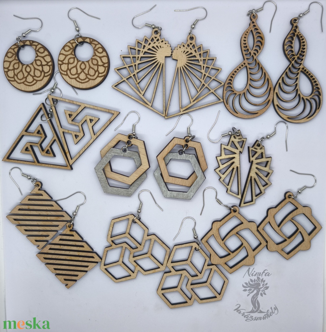 Fából készült egyedi fülbevaló, geometrikus hosszú fülbevaló - ékszer - fülbevaló - lógó fülbevaló - Meska.hu