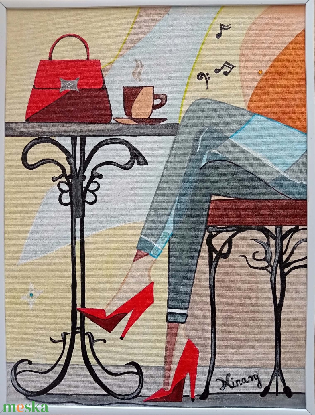 CoffeeTime needs a red bag című eredeti, szignózott, akril festmény keretben 30X40 cm - művészet - festmény - akril - Meska.hu