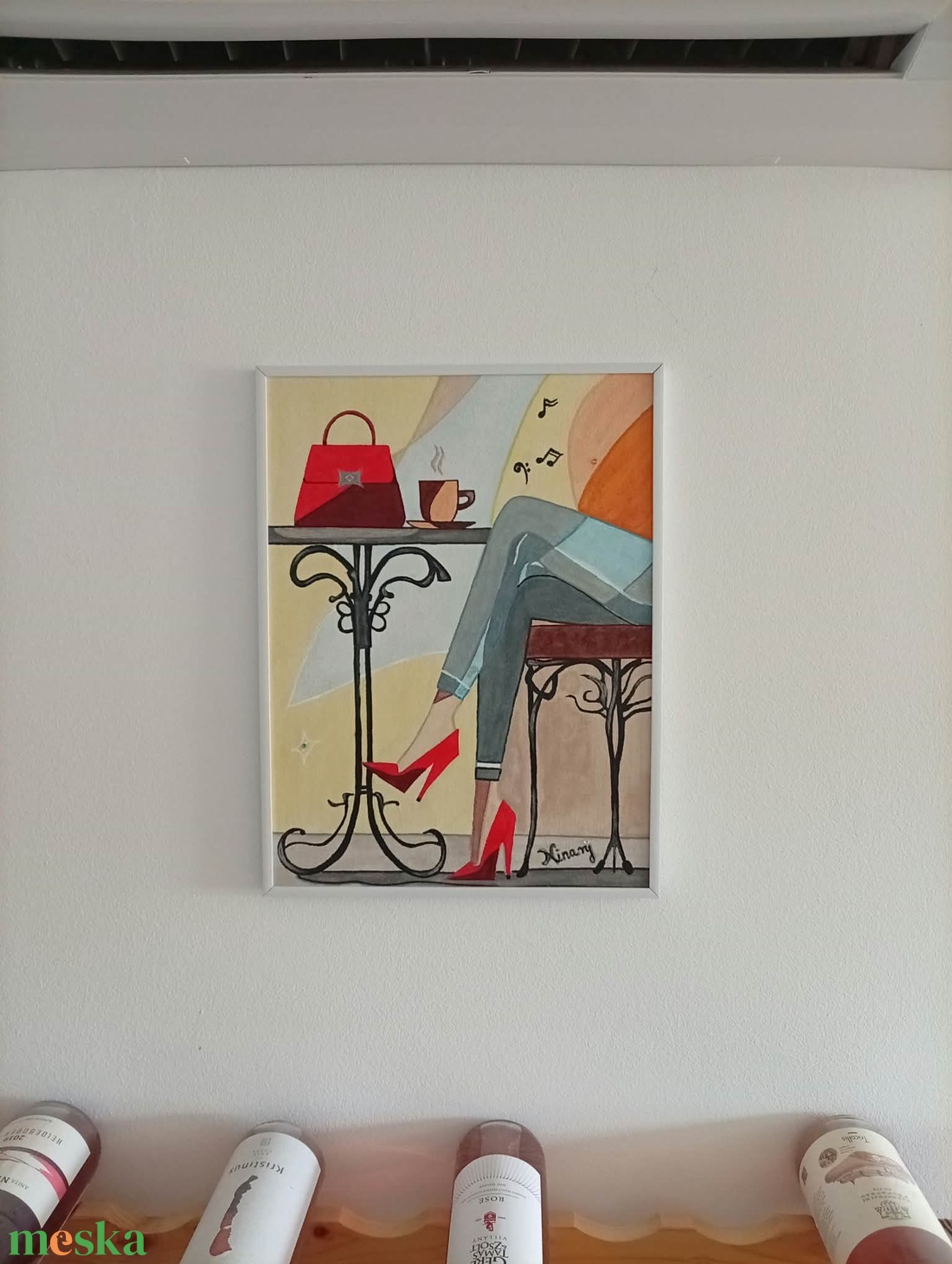 CoffeeTime needs a red bag című eredeti, szignózott, akril festmény keretben 30X40 cm - művészet - festmény - akril - Meska.hu