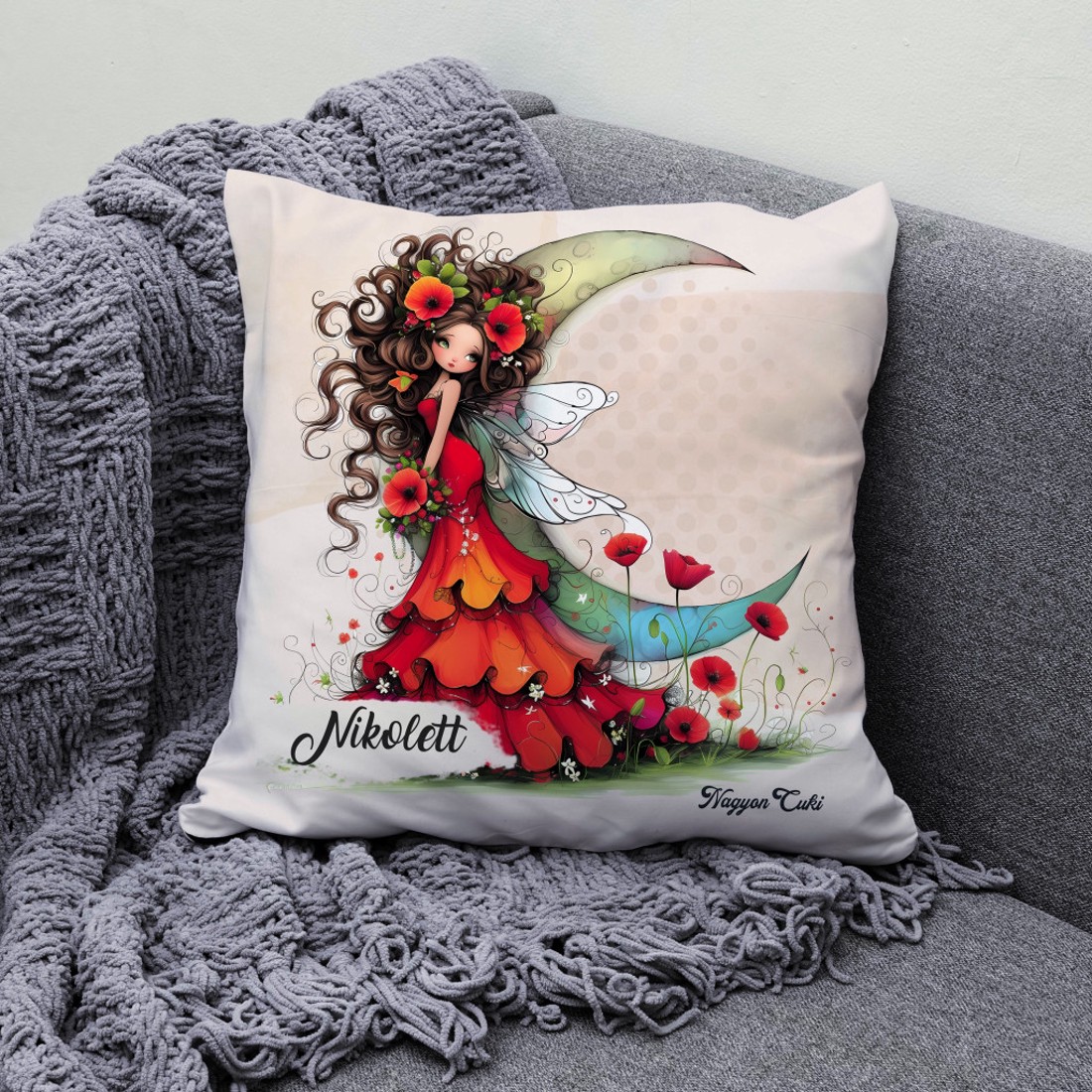 Névvel kérhető - Gyönyörű pipacs tündérlány és a hold mintás párna - otthon & életmód - lakástextil - párna & párnahuzat - díszpárna (belsővel együtt) - Meska.hu