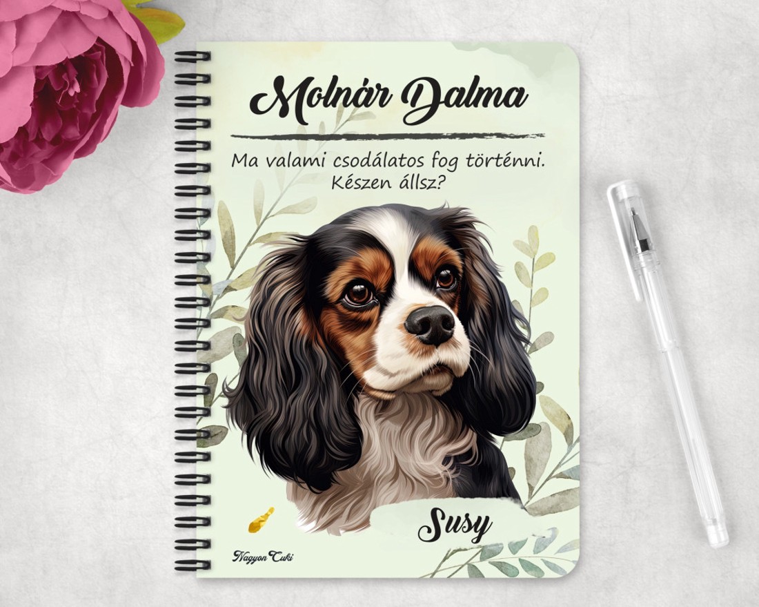 Személyre szabható - Trikolor Cavalier King Charles spániel portré mintás A5-ös füzet - otthon & életmód - papír, írószer - jegyzetfüzet & napló - Meska.hu