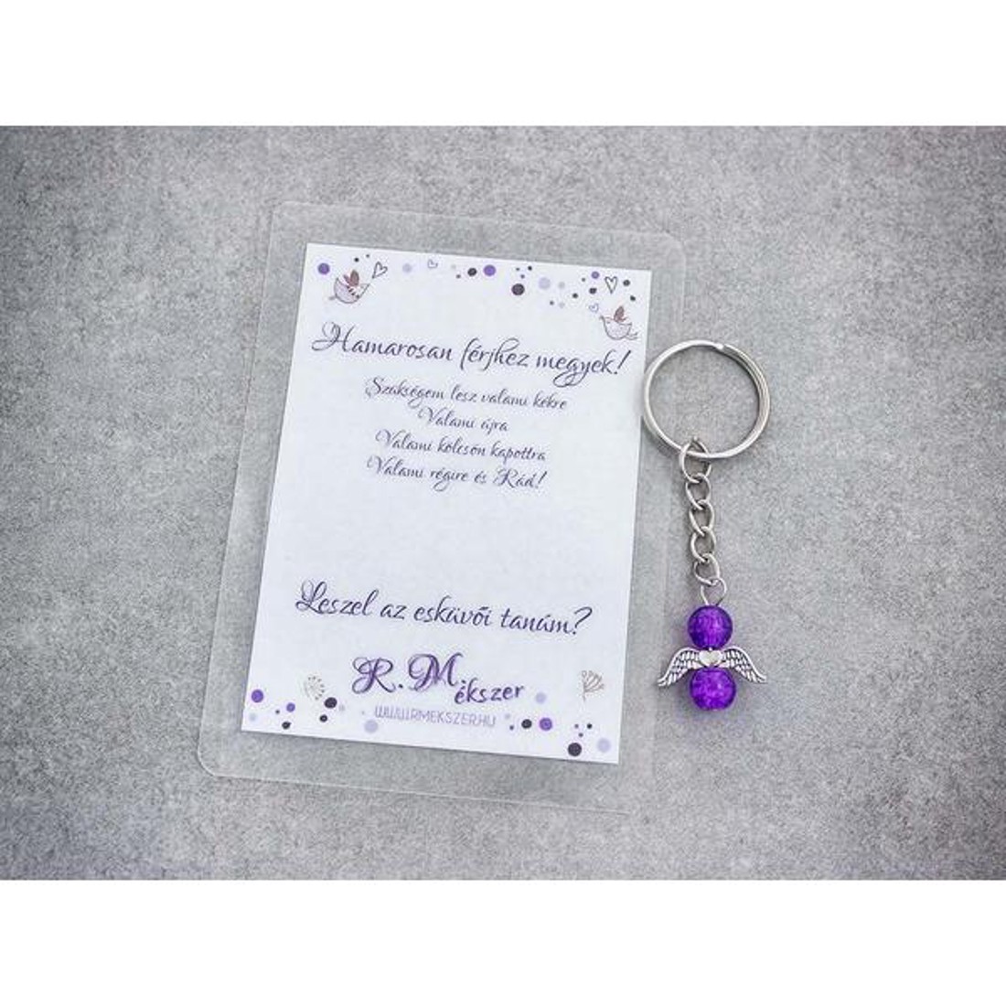 Hamarosan férjhez megyek lila angyal medálos kulcstartó - esküvő - meghívó & kártya - tanú felkérő - Meska.hu