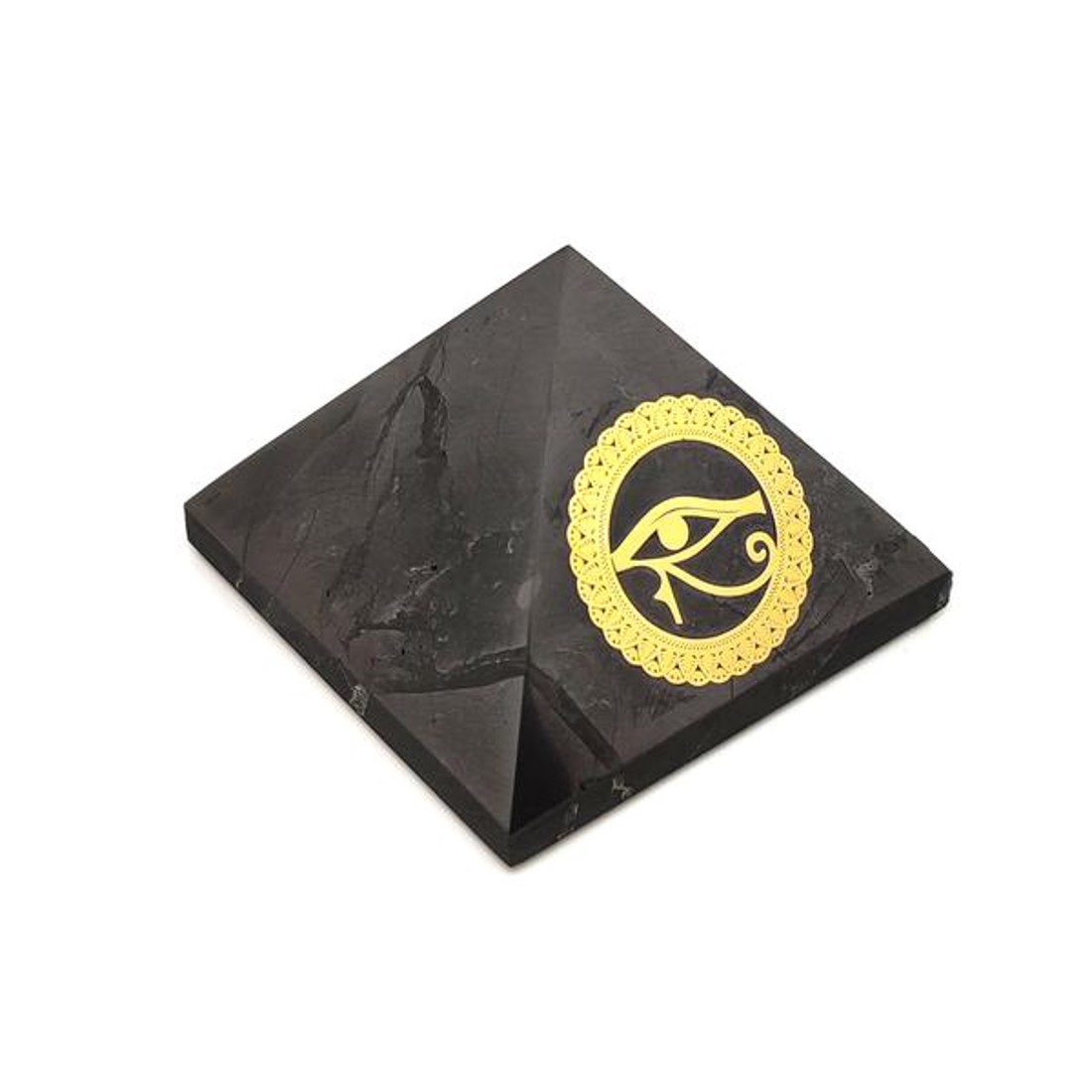 Shungit piramis Hórusz szeme arany matricás 6cm - kellékek & szerszámok - ásvány alapanyag - shungit piramis - Meska.hu