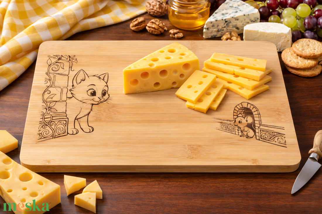  Gravírozott bambusz sajtvágó deszka � 25 � 16 cm - otthon & életmód - konyhafelszerelés, tálalás - sütés, főzés - vágódeszka - Meska.hu
