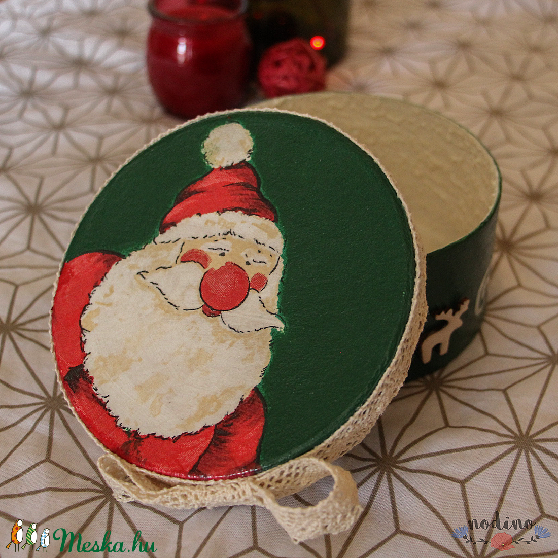 Kör alakú karácsonyi dobozka Mikulással, csipkével és különleges hó hatással  - otthon & lakás - tárolás & rendszerezés - doboz - Meska.hu