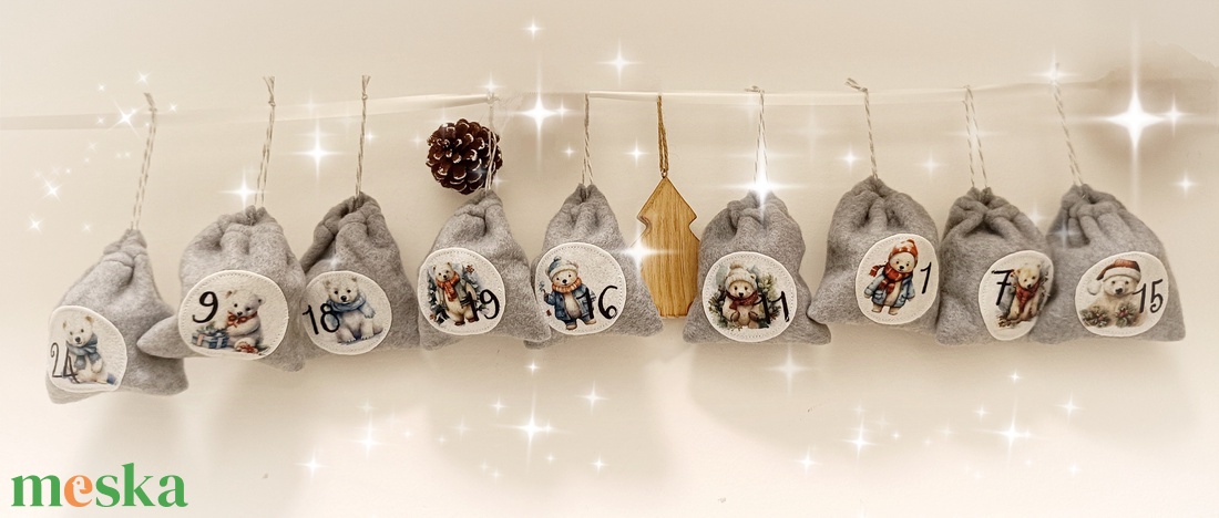 Adventi naptár, szürke zsákok - karácsony - adventi díszek - adventi naptár - Meska.hu