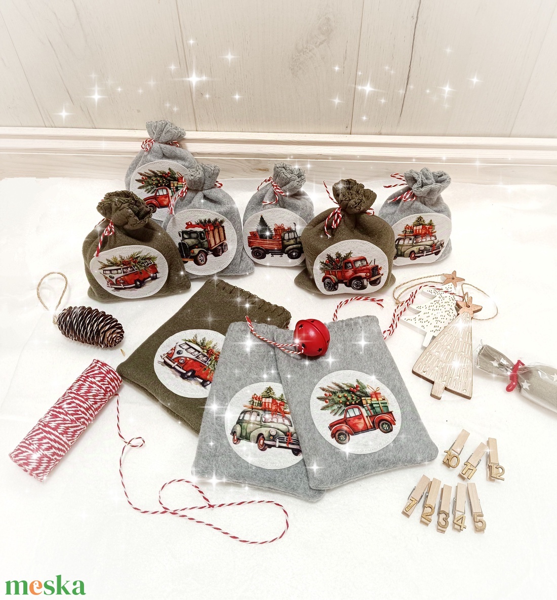 Adventi naptár, autós zsákok - karácsony - adventi díszek - adventi naptár - Meska.hu