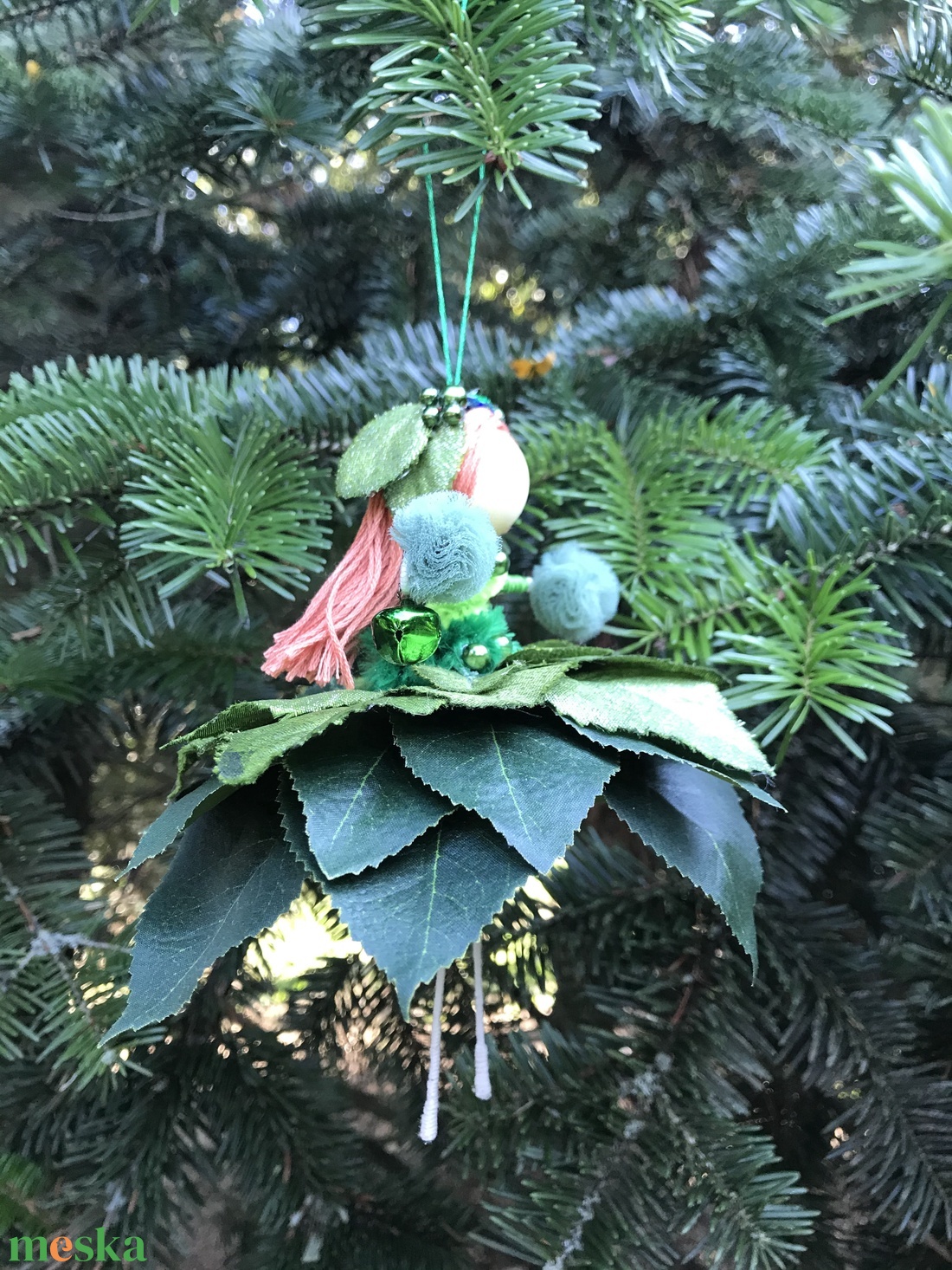 Karácsonyi dísz tündér zöld selyem gyöngy drót baba virág - karácsony - karácsonyi lakásdekoráció - karácsonyfadíszek - Meska.hu