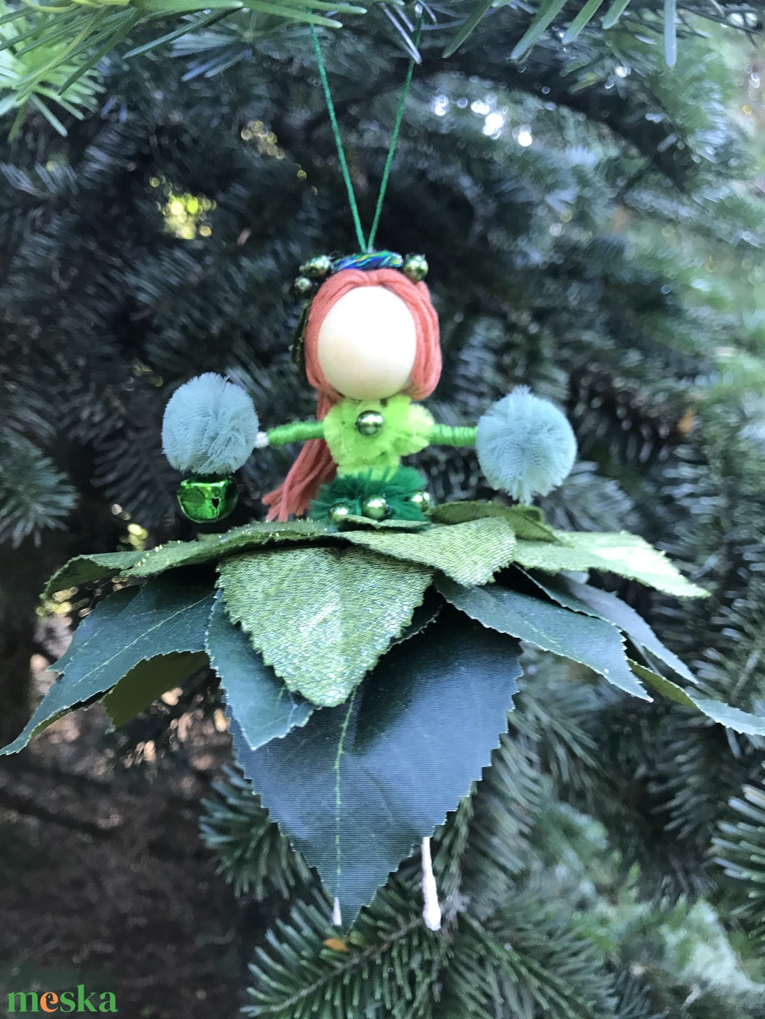 Karácsonyi dísz tündér zöld selyem gyöngy drót baba virág - karácsony - karácsonyi lakásdekoráció - karácsonyfadíszek - Meska.hu