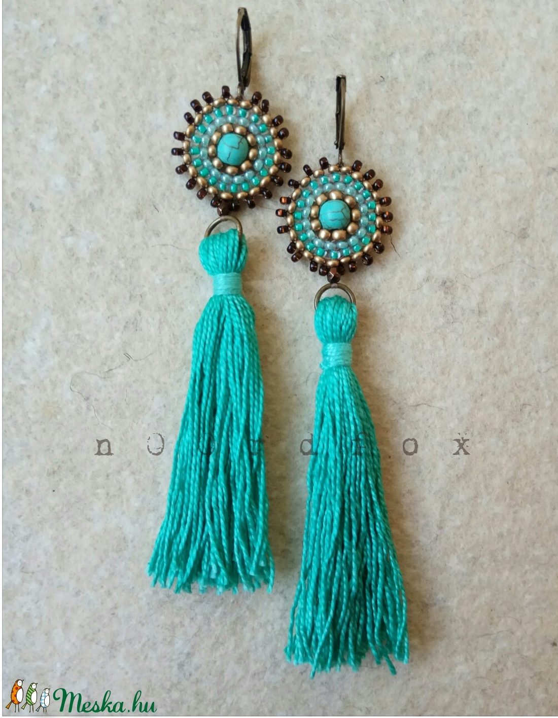 Türkiz-bronz bojtos fülbevaló -  - Meska.hu