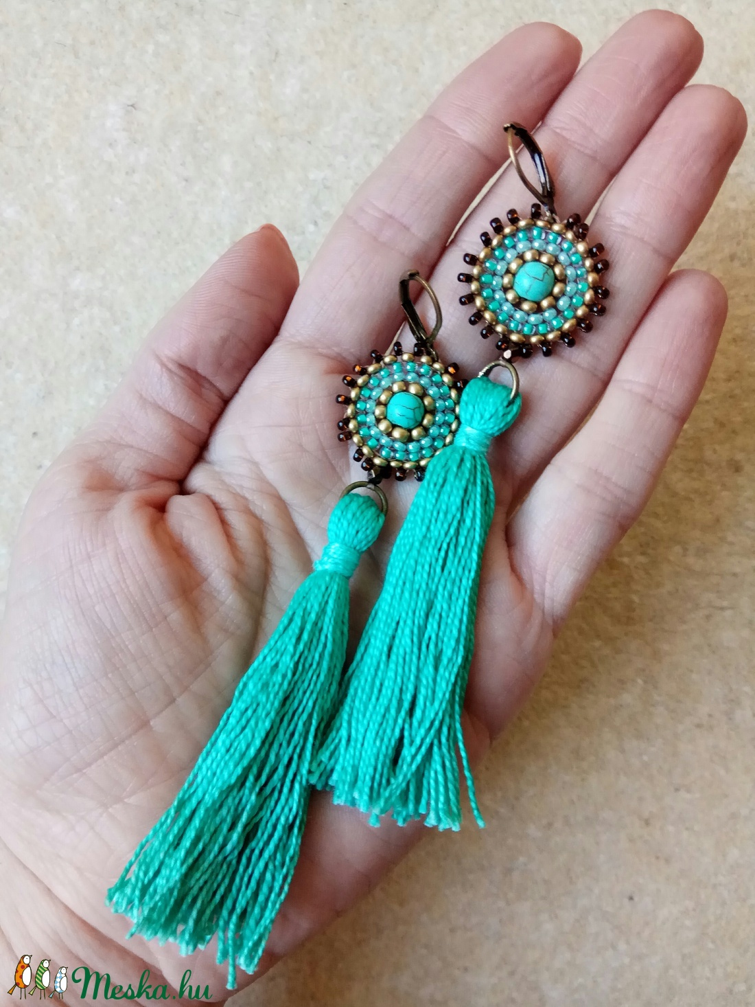 Türkiz-bronz bojtos fülbevaló -  - Meska.hu