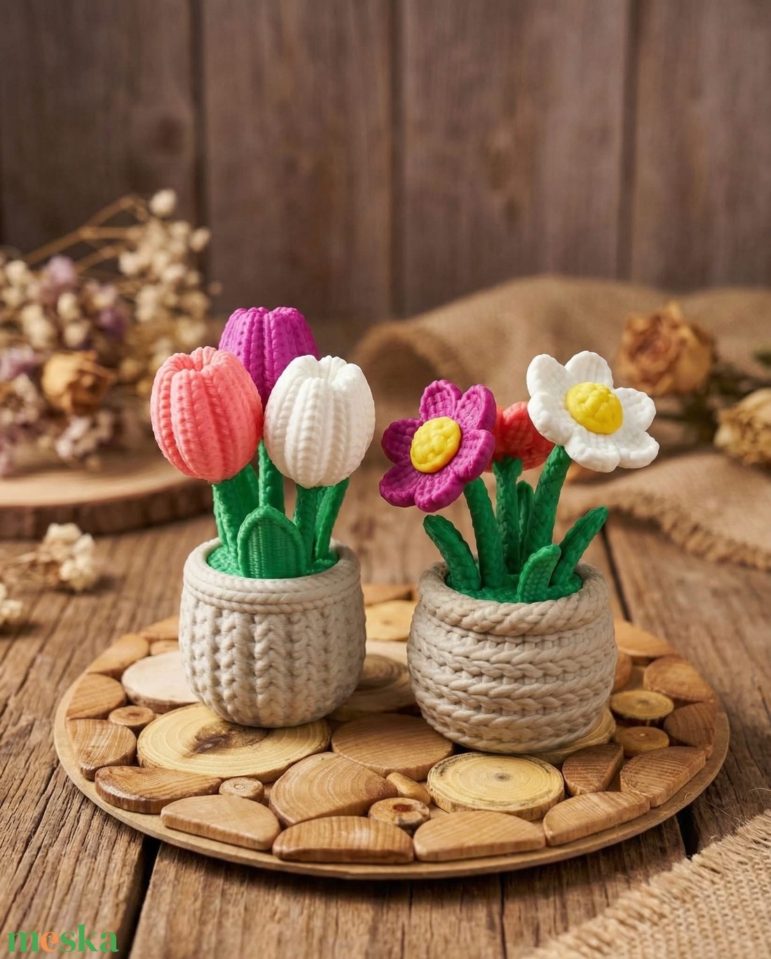 Kötött hatású cserepes virág  - ünnepi díszek, dekorációk - húsvéti díszek és dekorációk - húsvéti asztaldíszek - Meska.hu