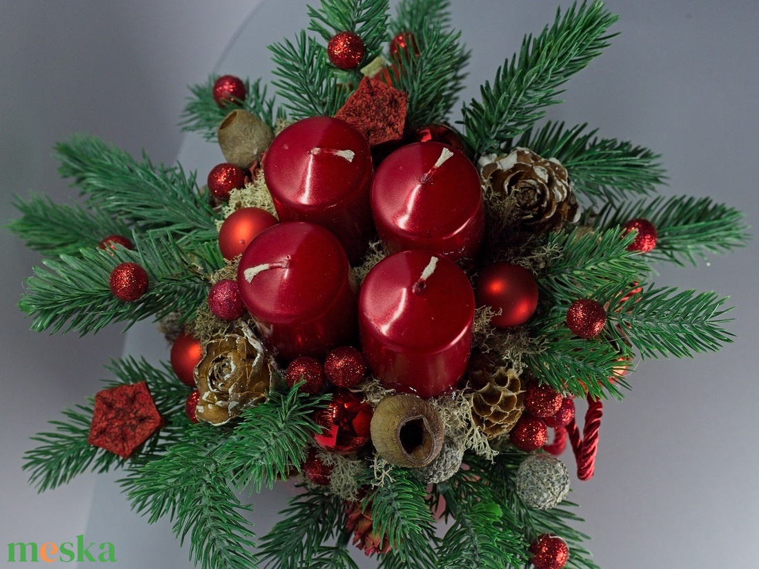 Klasszikus Piros Adventi Asztali Dísz Kaspóban  Örökzöld Kézműves Karácsonyi Dekoráció - karácsony - adventi díszek - adventi asztaldísz - Meska.hu