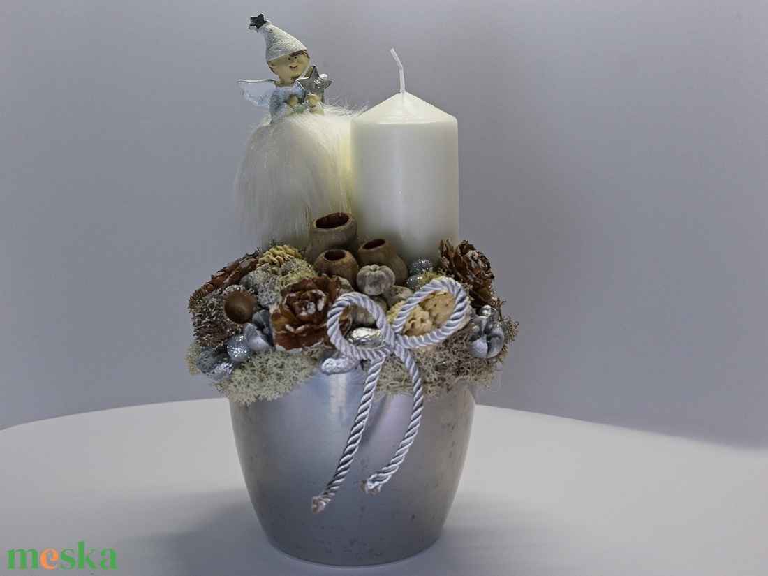 Skandináv Téli Angyalka Dísz Fehér Gyertyával  Natúr, Ezüst Asztali Dekoráció - karácsony - adventi díszek - adventi asztaldísz - Meska.hu