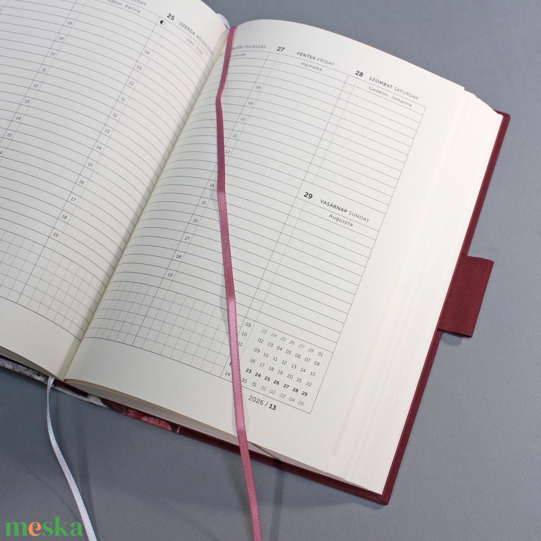 2026 heti tervező / határidőnapló - bordó vászon és virágmintás - matt rozé arany felirattal - otthon & életmód - papír, írószer - naptár & tervező - Meska.hu