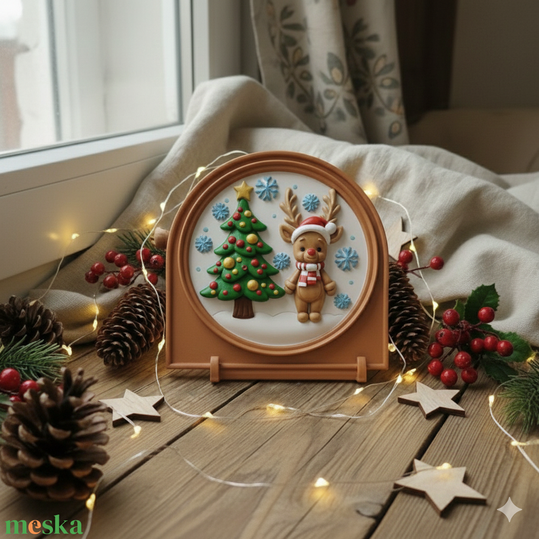 NOYA Tales Bambi Karácsonyal � Prémium Kifesthető Kerámia-hatású Plakett (15cm) állvánnyal, öco-gyant  - karácsony - karácsonyi lakásdekoráció - karácsonyi lakásdíszek - Meska.hu