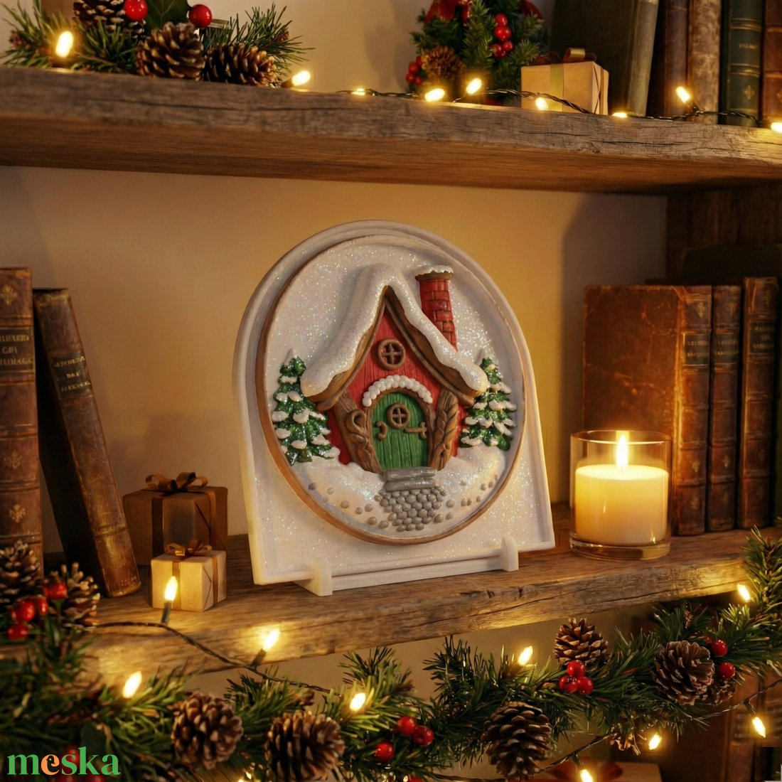 NOYA Tales Téli Menedék � Prémium Kifesthető Kerámia-hatású Plakett (15cm) állvánnyal, öco-gyant  - karácsony - karácsonyi lakásdekoráció - karácsonyi lakásdíszek - Meska.hu