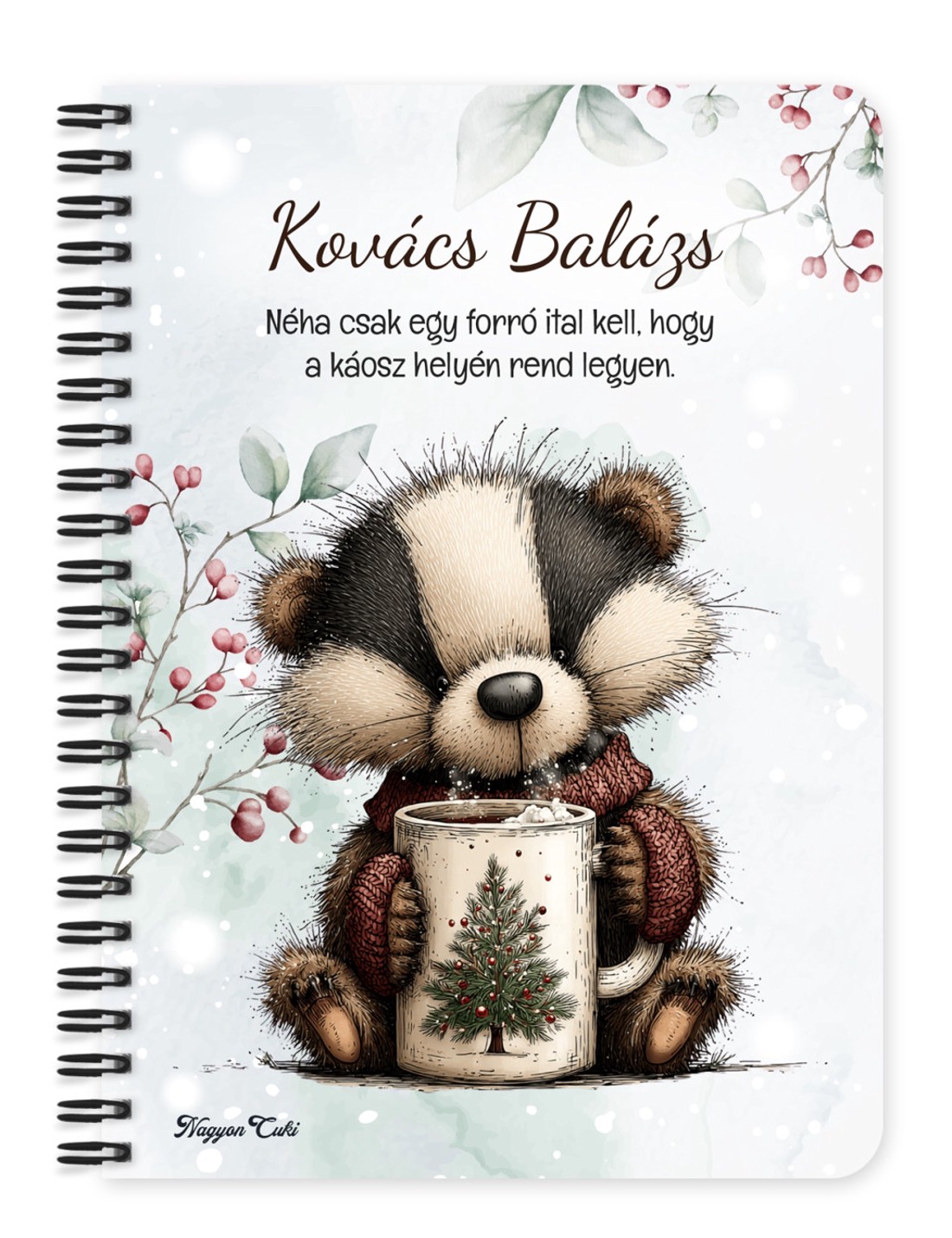 Személyre szabható - Cuki téli borz egy kávéval mintás A6-os füzet - otthon & életmód - papír, írószer - jegyzetfüzet & napló - Meska.hu