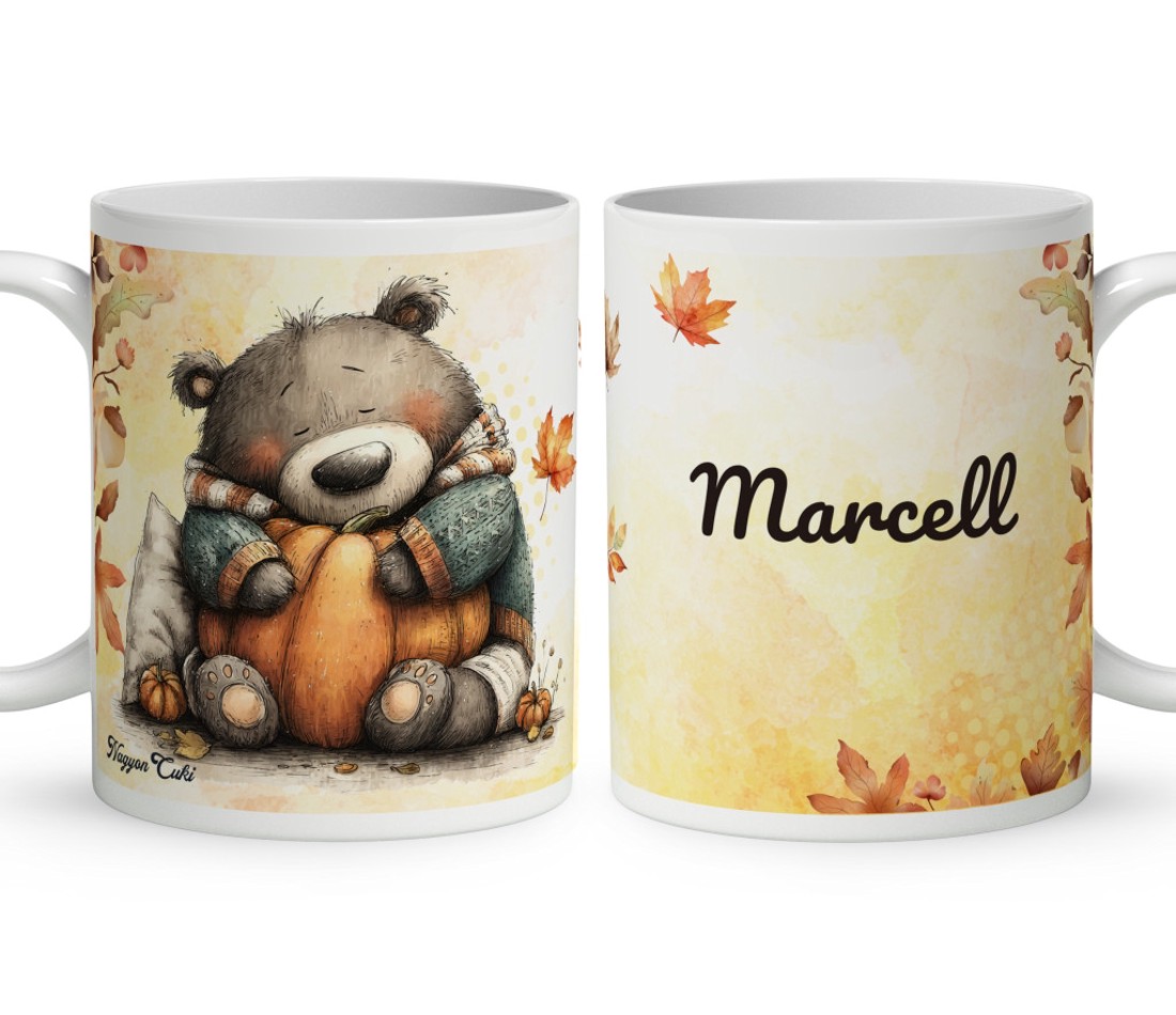 Névvel kérhető - Cuki őszi szundi maci és a tök mintás bögre - otthon & életmód - konyhafelszerelés, tálalás - tálalás - bögre & csésze - Meska.hu