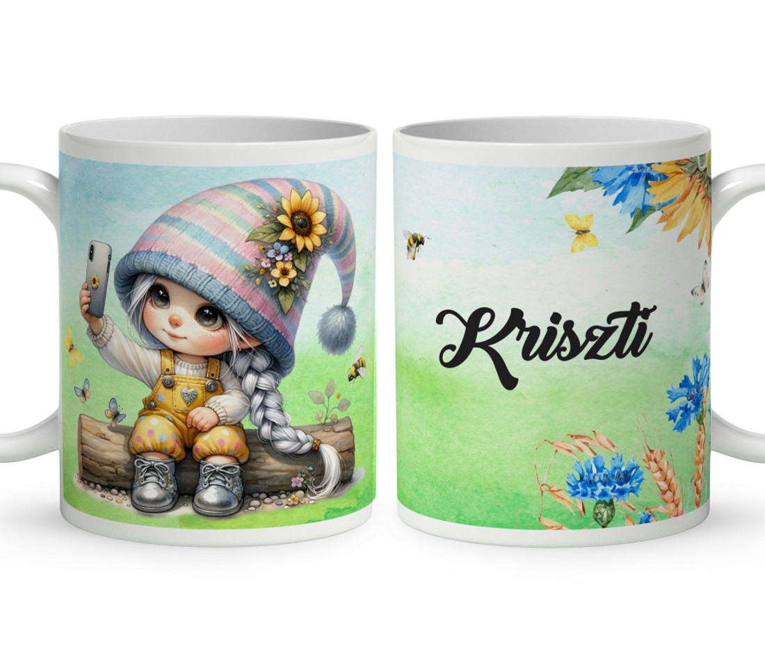 Névvel kérhető - Selfie napraforgós manó lány mintás bögre - otthon & életmód - konyhafelszerelés, tálalás - tálalás - bögre & csésze - Meska.hu