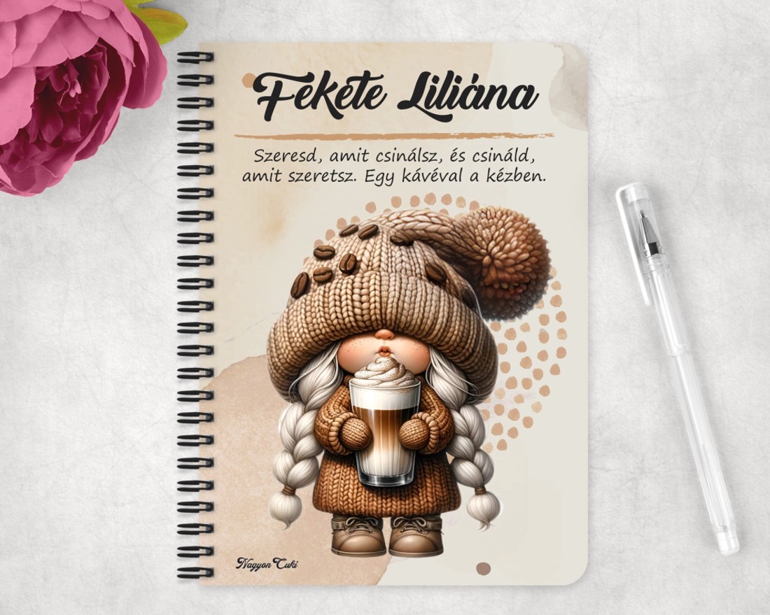 Személyre szabható - Cappucino kávés manó lány mintás A5-ös füzet - otthon & életmód - papír, írószer - jegyzetfüzet & napló - Meska.hu