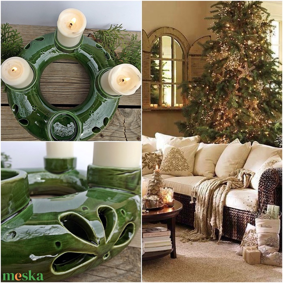 Karácsonyi kerámia  zöld- adventi  koszorú - karácsony - adventi díszek - adventi koszorú - Meska.hu