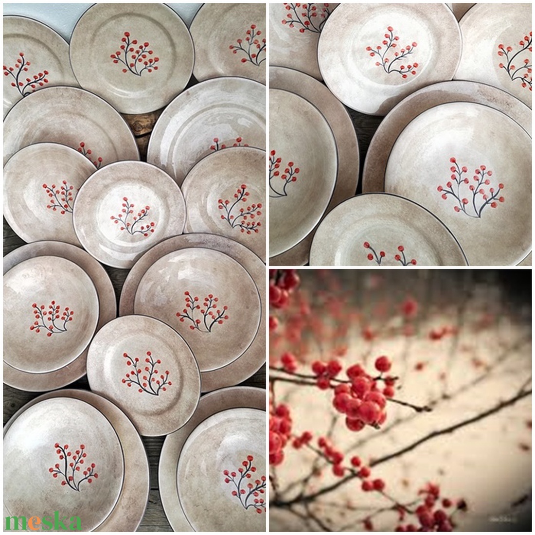 Egyedi festésű piros,bogyós kerámia  készlet  - otthon & életmód - Meska.hu