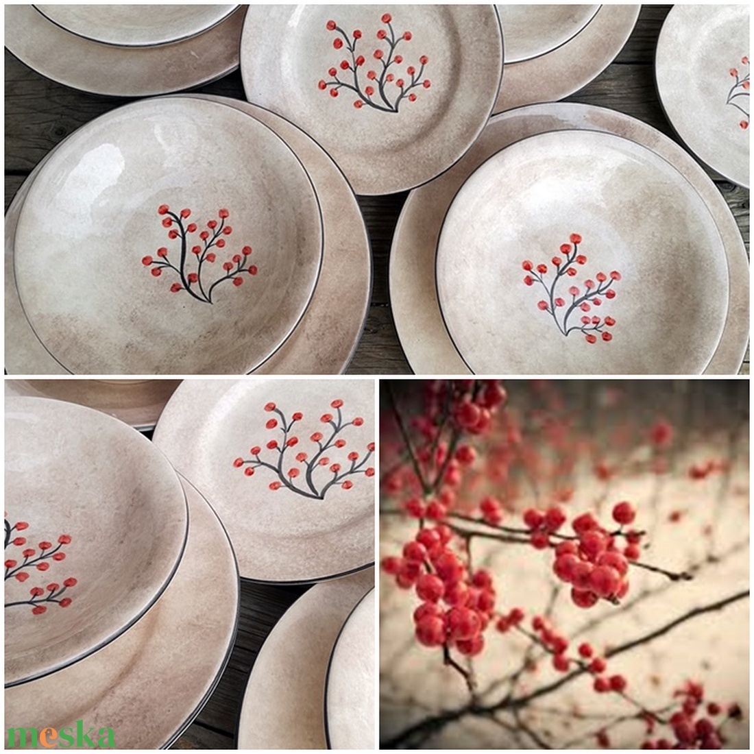 Egyedi festésű piros,bogyós kerámia  készlet  - otthon & életmód - Meska.hu