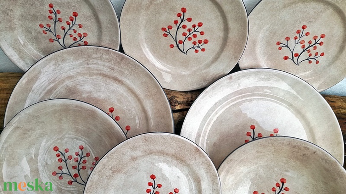 Egyedi festésű piros,bogyós kerámia  készlet  - otthon & életmód - Meska.hu