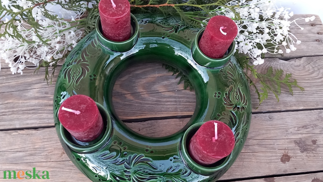 Karácsonyi kerámia zöld- adventi  koszorú - karácsony - adventi díszek - adventi koszorú - Meska.hu